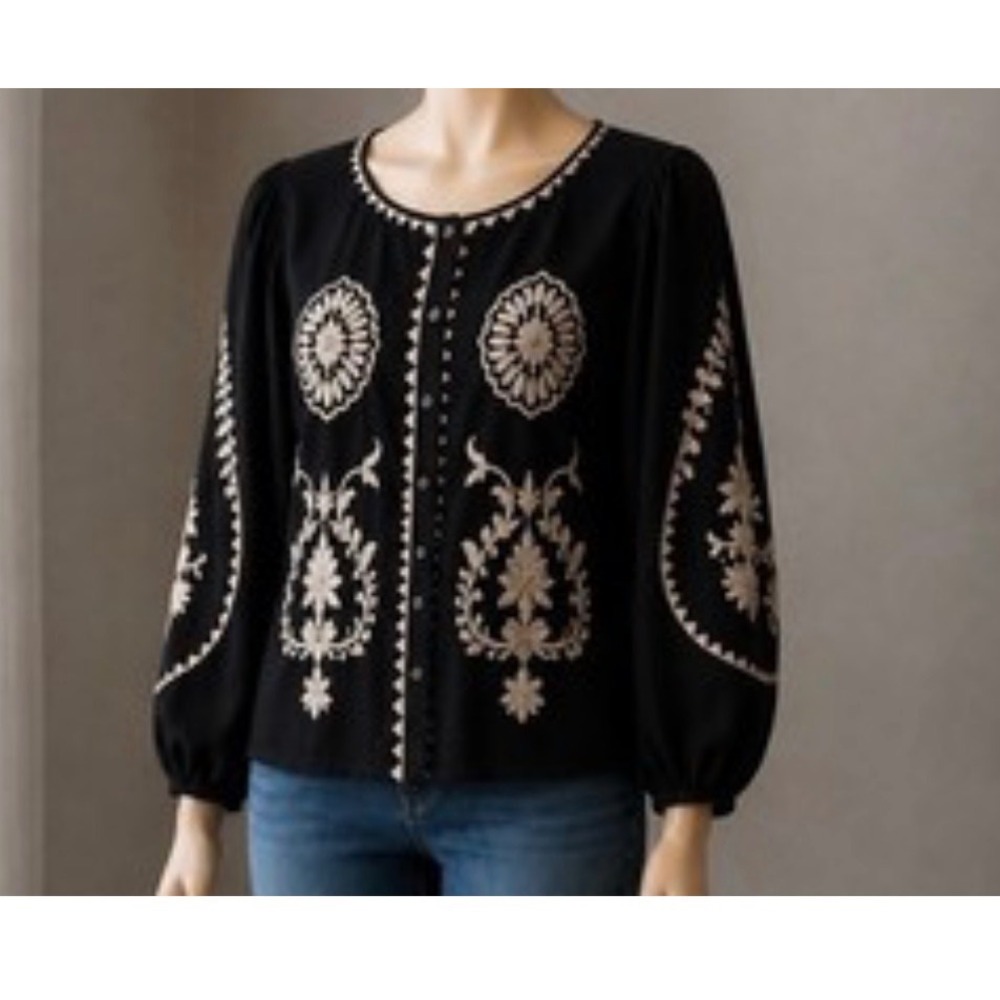 Boho Embroidered Button blonde Black Linen Blend top indie solitaire euro summer